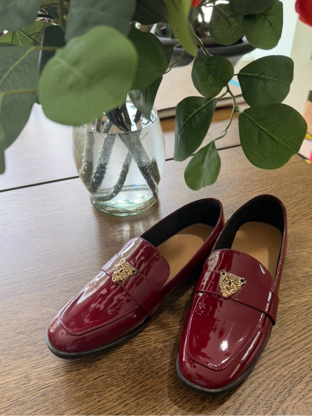 Women’s Burgundy Patent Loafers with Gold Crest Accent